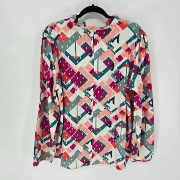Michelle Mcdowell size XXL multicolor geometric long sleeve blouse pleated neck - Picture 7 of 8